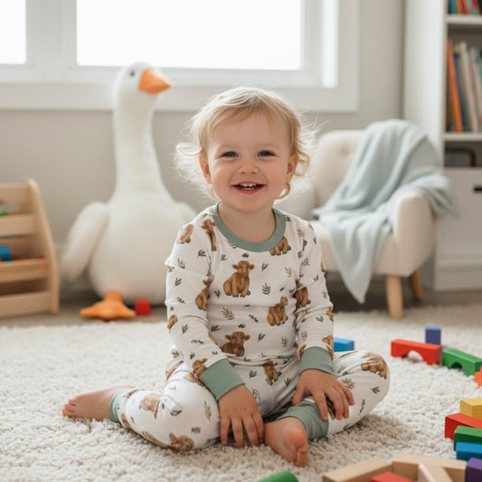 Green Highland Cows - Hypo-Allergenic Bamboo 2 Piece Pyjama Set